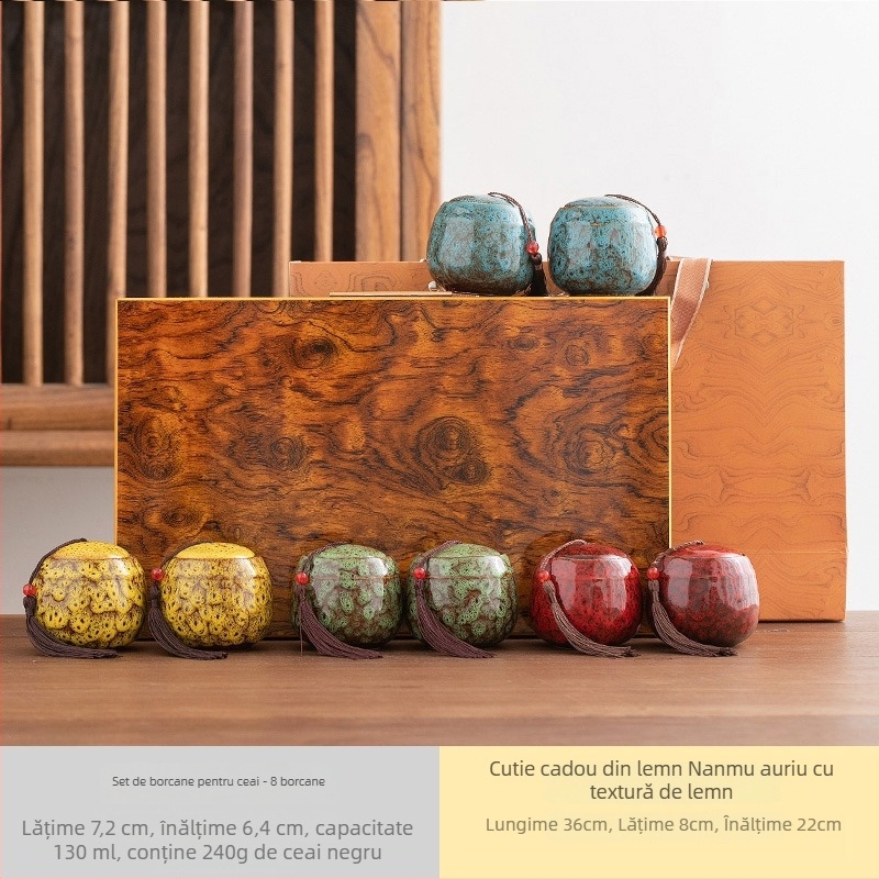 Set de borcane ceramice pentru ceai într-o cutie cadou din lemn, cu logo - Ceai negru și verde