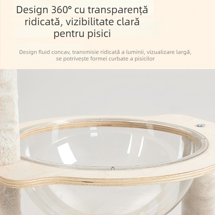 Copac pentru pisici din lemn masiv cu cușă, platformă de observare și structură de cățărare