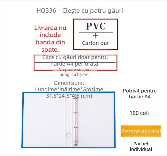 Dosar A4 cu inel D de 1,5 inch, din carton rigid perforat
