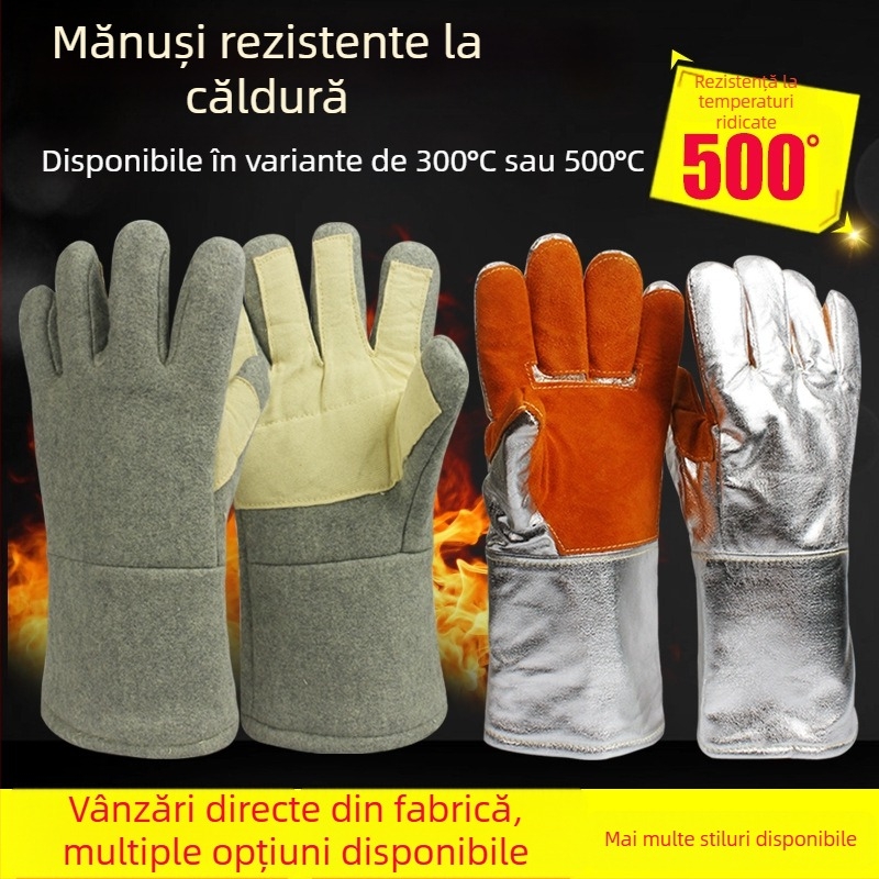 Mănuși rezistente la temperaturi înalte pentru sudură și topire, 300–500°C, ignifuge și izolație termică, design cu cinci degete, din folie de aluminiu și fibră aramidă
