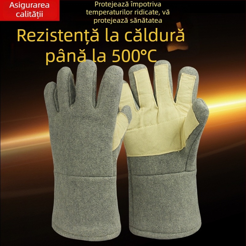 Mănuși rezistente la temperaturi înalte pentru sudură și topire, 300–500°C, ignifuge și izolație termică, design cu cinci degete, din folie de aluminiu și fibră aramidă