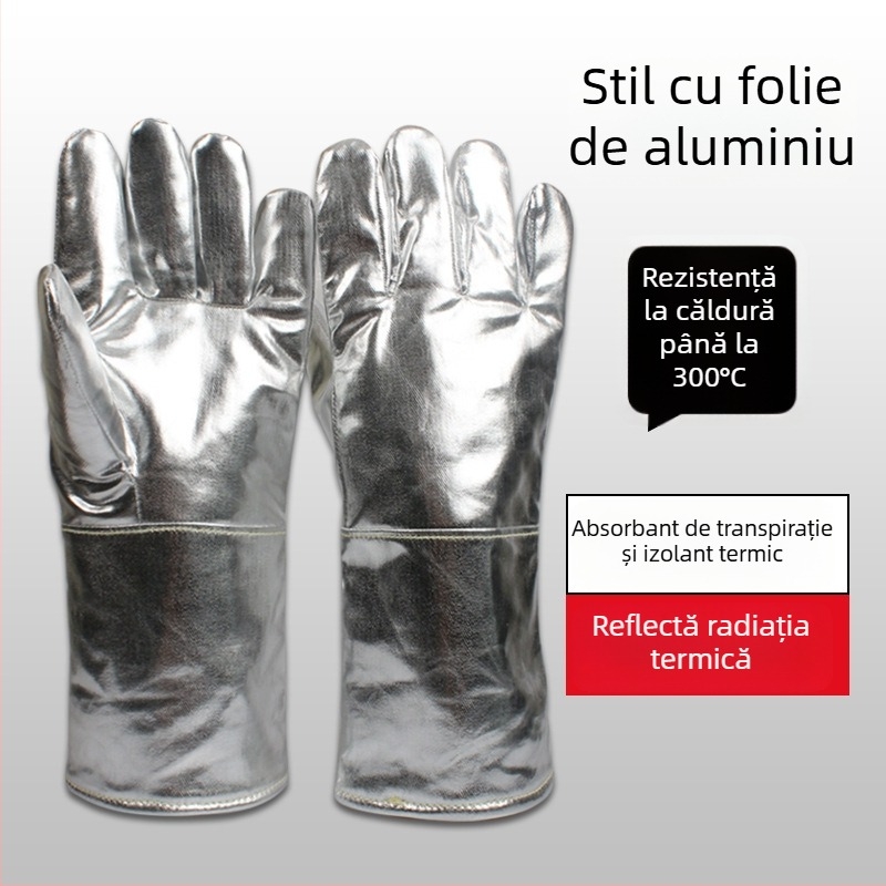 Mănuși rezistente la temperaturi înalte pentru sudură și topire, 300–500°C, ignifuge și izolație termică, design cu cinci degete, din folie de aluminiu și fibră aramidă