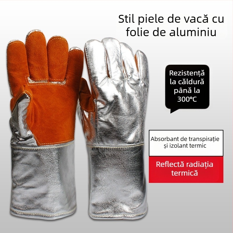 Mănuși rezistente la temperaturi înalte pentru sudură și topire, 300–500°C, ignifuge și izolație termică, design cu cinci degete, din folie de aluminiu și fibră aramidă