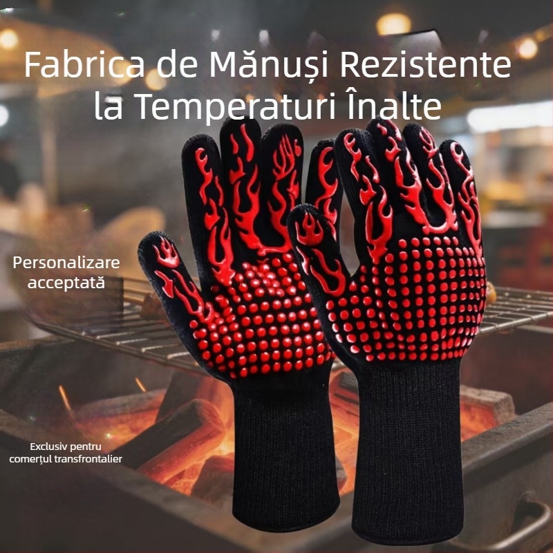 Mănuși termice până la 800°C, din aramidă-pânză de bumbac-silicon, antiderapante, ignifuge, izolație termică, pentru grătar, cuptor și cuptor cu microunde