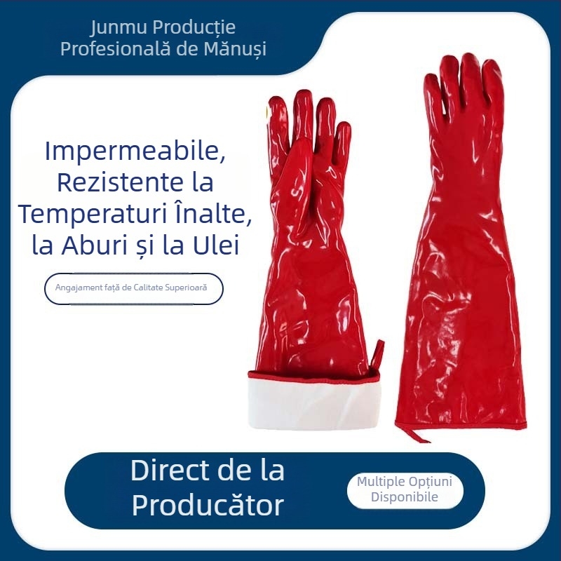 Mănuși impermeabile, rezistente la temperaturi înalte, din PVC cauciuc, lungime 60 cm, izolație termică, protecție la arsură, aburi, rezistente la acizi, baze și ulei