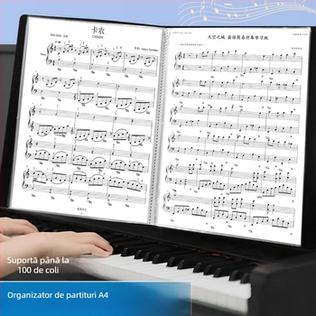 Clip pentru partituri de pian și dosar pentru partituri, format A4, finisaj anti-reflexie