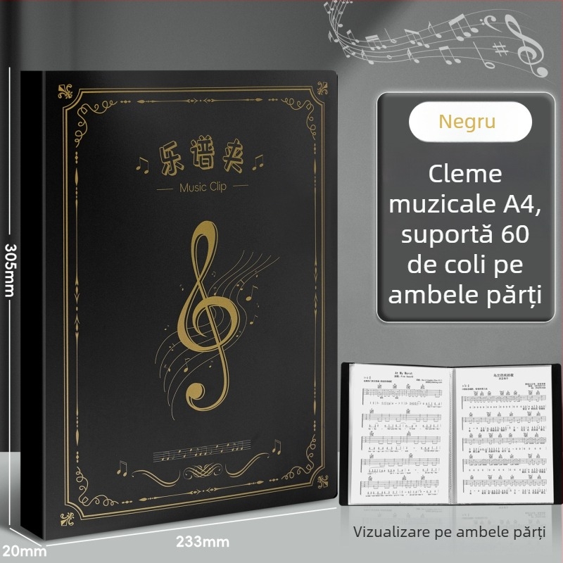 Clip pentru partituri de pian și dosar pentru partituri, format A4, finisaj anti-reflexie