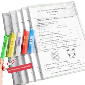 Dosar A4 cu clip rotativ și buzunare transparente pentru fișe de teste, pentru elevi gimnaziu