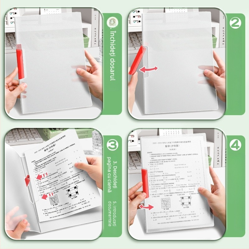 Dosar A4 cu clip rotativ și buzunare transparente pentru fișe de teste, pentru elevi gimnaziu