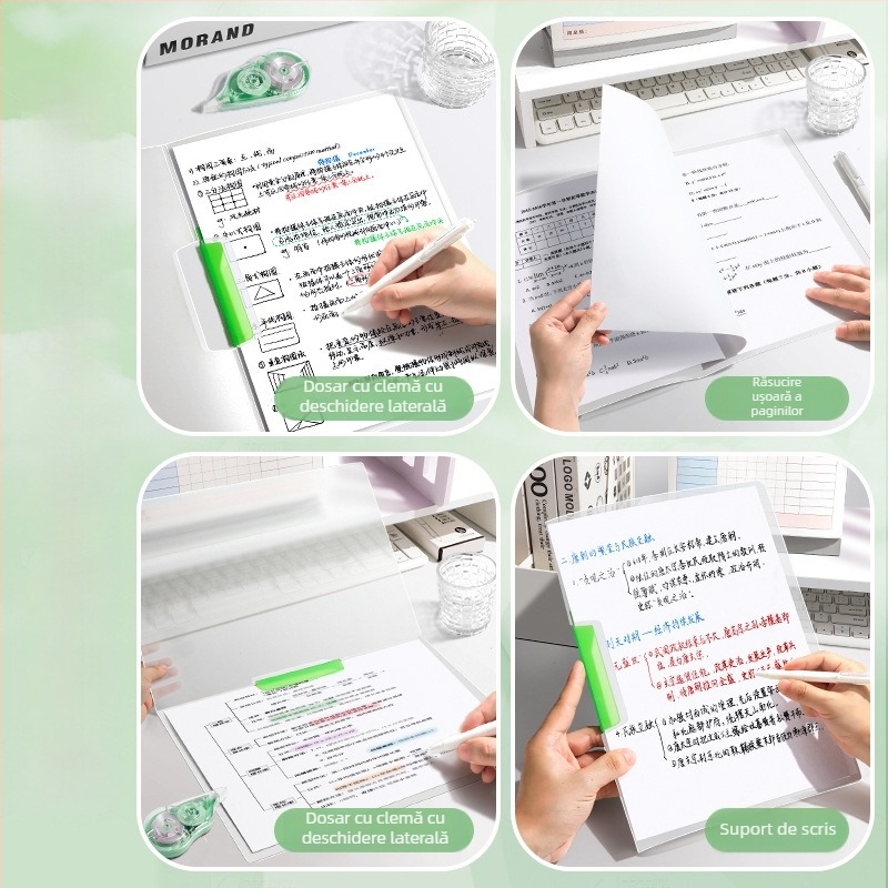 Dosar A4 cu clip rotativ și buzunare transparente pentru fișe de teste, pentru elevi gimnaziu
