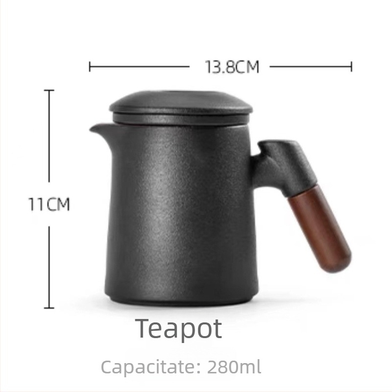 Ceașă ceramică pentru ceai cu filtru și separator, cană neagră cu capac, finisaj mat, gravură posibilă