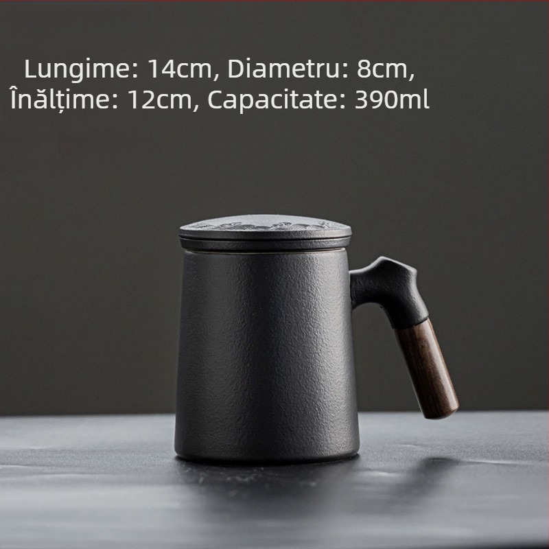 Ceașă ceramică pentru ceai cu filtru și separator, cană neagră cu capac, finisaj mat, gravură posibilă