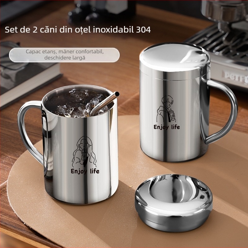Cană din oțel inoxidabil 304 cu capac, cană de cafea elegantă pentru birou și casă, cană termoizolantă