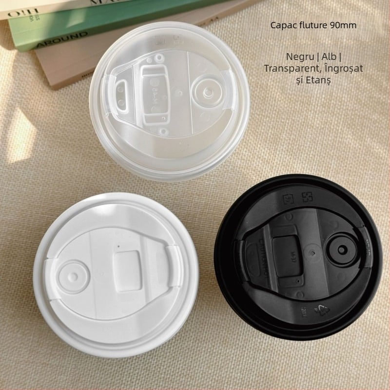 Capac cu formă de fluture de 90 mm pentru pahar - de unică folosință, etanș, pentru ceai cu lapte și cafea, capac universal din hârtie-plastic, multifuncțional