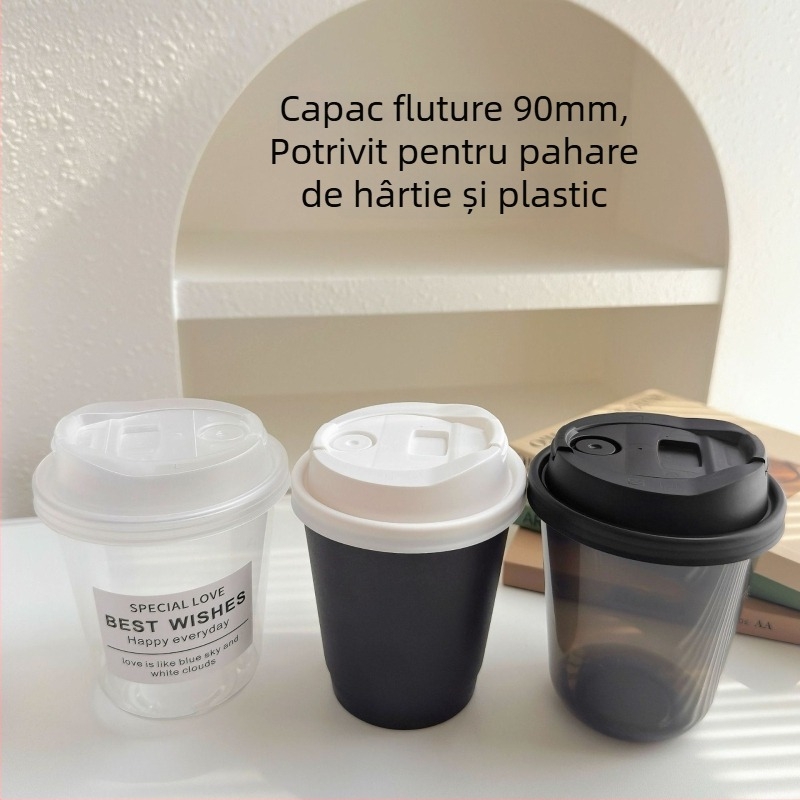 Capac cu formă de fluture de 90 mm pentru pahar - de unică folosință, etanș, pentru ceai cu lapte și cafea, capac universal din hârtie-plastic, multifuncțional
