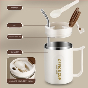 Cană izolată din oțel inoxidabil 304, cu capac și linguriță – unisex, pentru birou, ceai, cafea sau apă