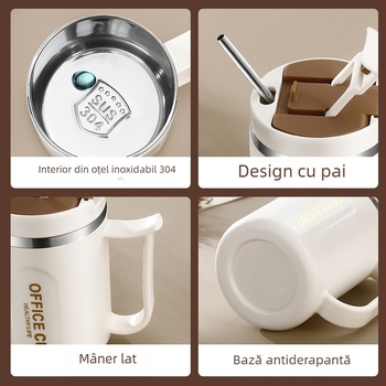 Cană izolată din oțel inoxidabil 304, cu capac și linguriță – unisex, pentru birou, ceai, cafea sau apă