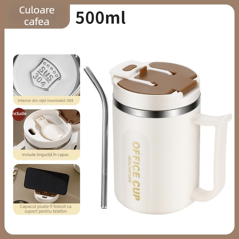 Cană izolată din oțel inoxidabil 304, cu capac și linguriță – unisex, pentru birou, ceai, cafea sau apă