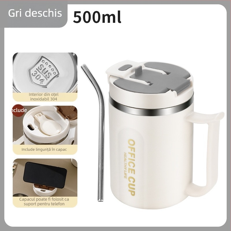 Cană izolată din oțel inoxidabil 304, cu capac și linguriță – unisex, pentru birou, ceai, cafea sau apă