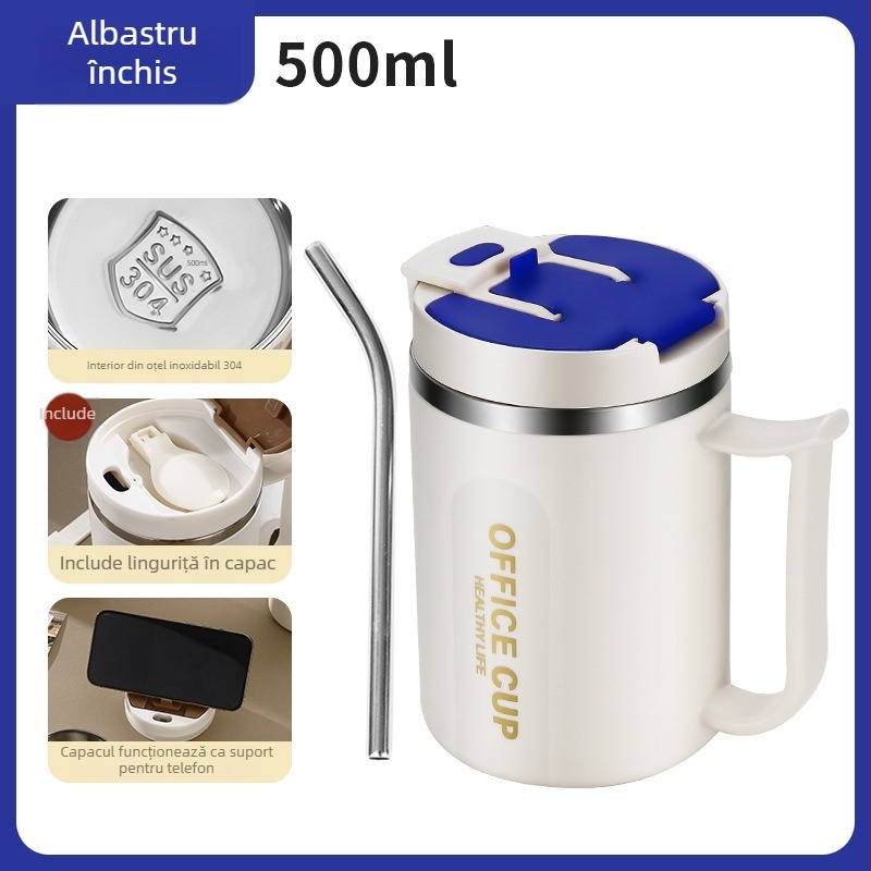 Cană izolată din oțel inoxidabil 304, cu capac și linguriță – unisex, pentru birou, ceai, cafea sau apă