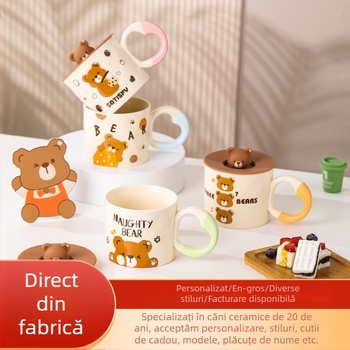 Cană ceramică cu capac și lingură, cu imagine cu ursuleț desen animat