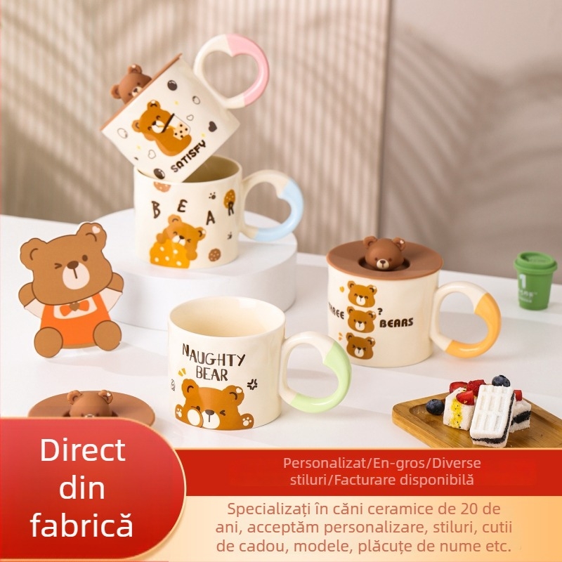 Cană ceramică cu capac și lingură, cu imagine cu ursuleț desen animat