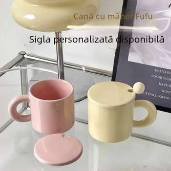 Cană ceramică Milk Fufu pentru cuplu, cu capac și linguriță – pentru cafea/ceai, la birou sau acasă