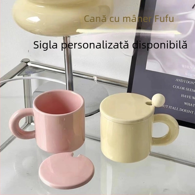 Cană ceramică Milk Fufu pentru cuplu, cu capac și linguriță – pentru cafea/ceai, la birou sau acasă