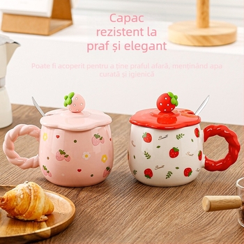 Cană ceramică drăguță cu căpșuni și motiv de fructe, capacitate mare, cu capac, pentru mic dejun acasă