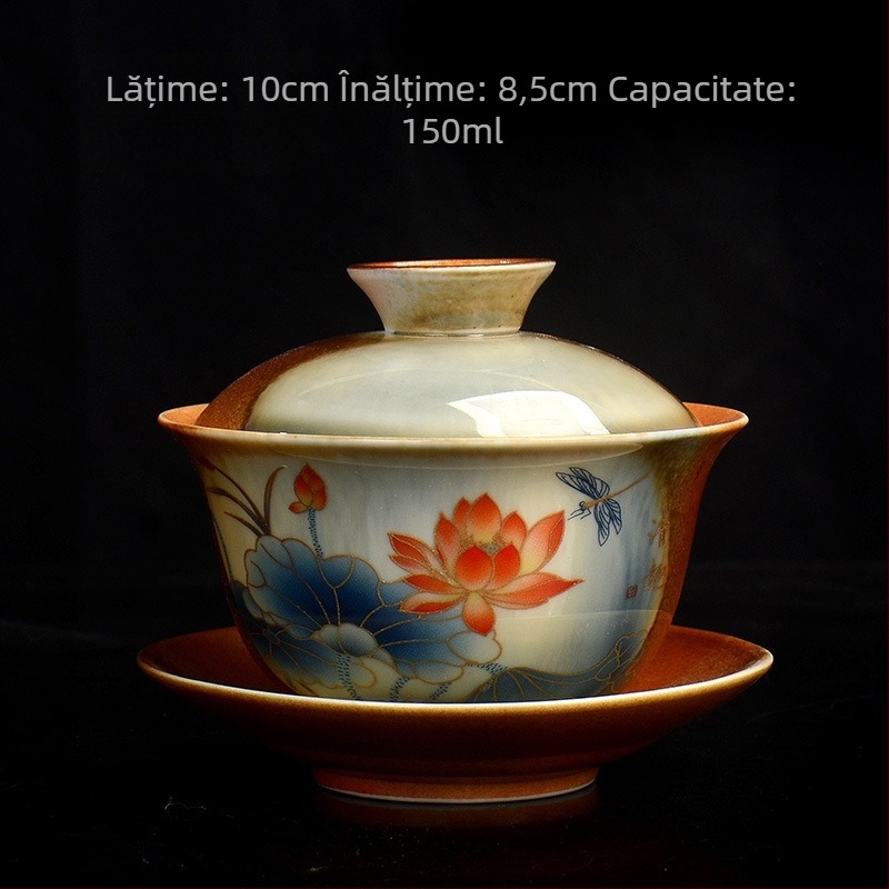 Set de ceai Kung Fu din ceramică, cu motiv lotus, capac rotativ, stil Thangka, un singur exemplar, de înaltă calitate