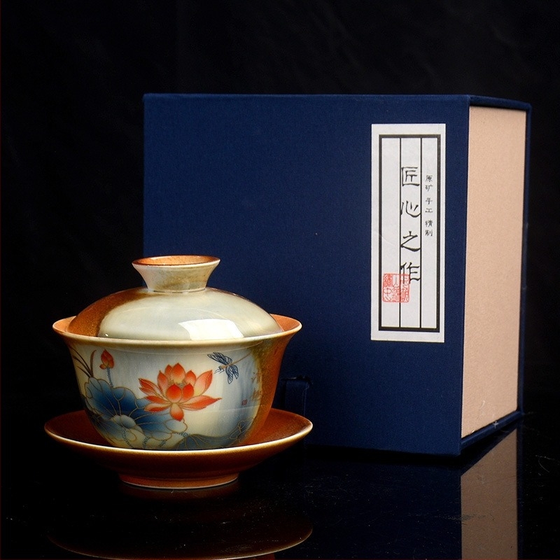 Set de ceai Kung Fu din ceramică, cu motiv lotus, capac rotativ, stil Thangka, un singur exemplar, de înaltă calitate
