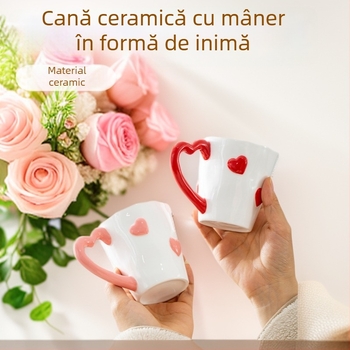 Cana ceramică pictată manual, cu mâner în formă de inimă, pentru lapte și cafea, design drăguț pentru cuplu