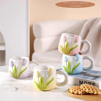 Cană de cafea ceramică în formă de lalea, pictură manuală sub glazură, design floral, pentru femei, estetică înaltă