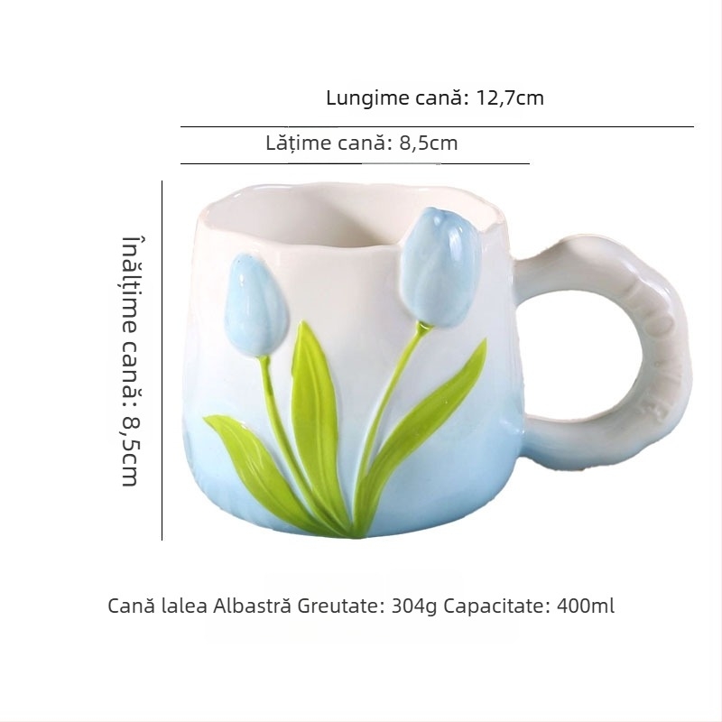 Cană de cafea ceramică în formă de lalea, pictură manuală sub glazură, design floral, pentru femei, estetică înaltă