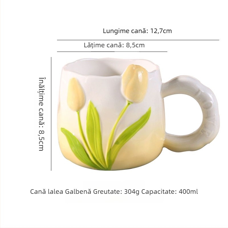 Cană de cafea ceramică în formă de lalea, pictură manuală sub glazură, design floral, pentru femei, estetică înaltă
