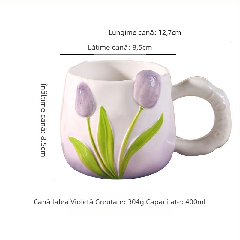 Cană de cafea ceramică în formă de lalea, pictură manuală sub glazură, design floral, pentru femei, estetică înaltă