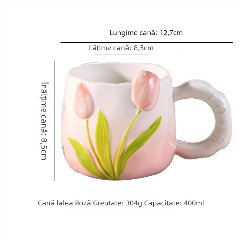 Cană de cafea ceramică în formă de lalea, pictură manuală sub glazură, design floral, pentru femei, estetică înaltă