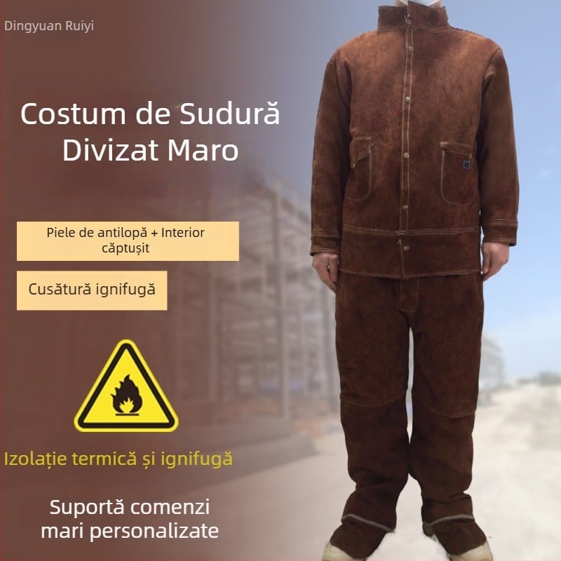 Costum de sudură din piele de vită maro, în două piese, rezistent la foc, protecție împotriva arsurilor, protecție la temperaturi înalte, mărimi mari