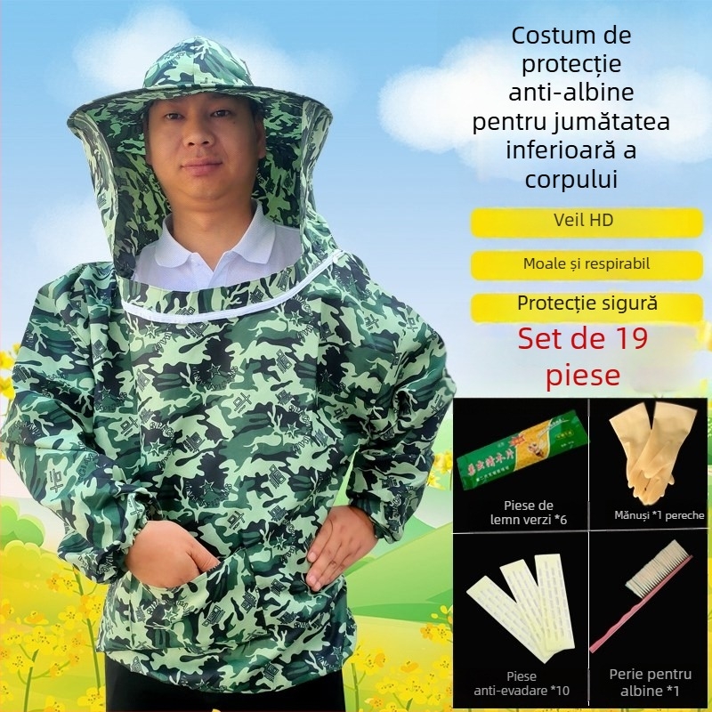 Set complet de protecție pentru apicultură, costum respirabil, jachetă camuflată pentru jumătate de corp, pălărie de apicultor și unelte de apicultură