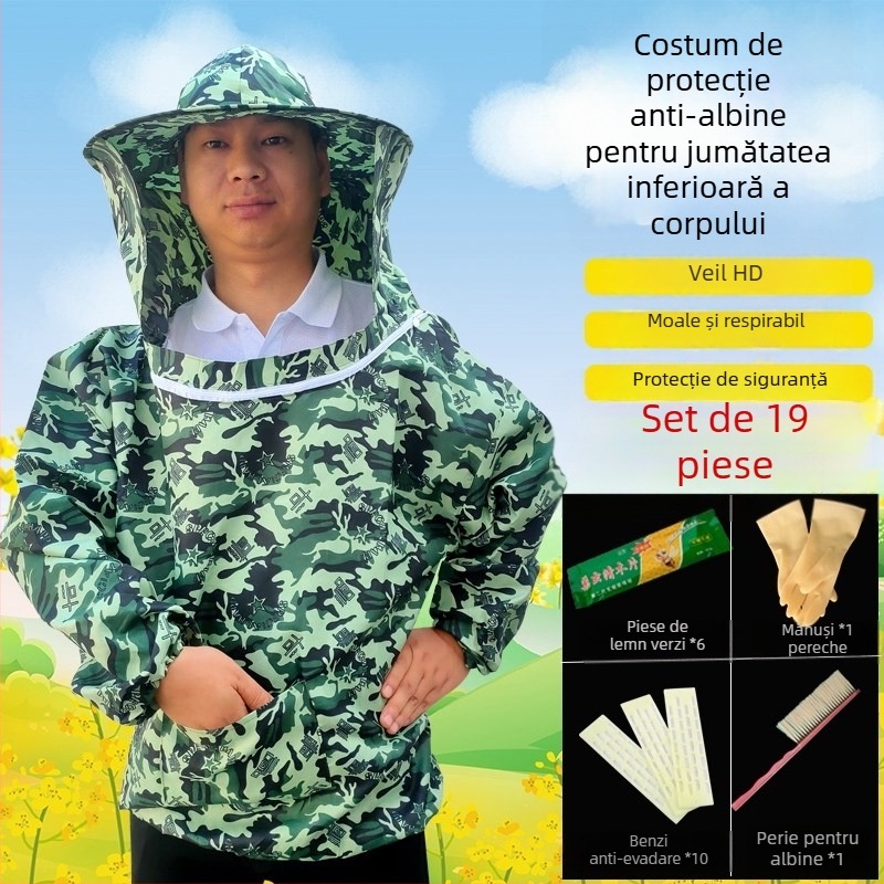 Set complet de protecție pentru apicultură, costum respirabil, jachetă camuflată pentru jumătate de corp, pălărie de apicultor și unelte de apicultură