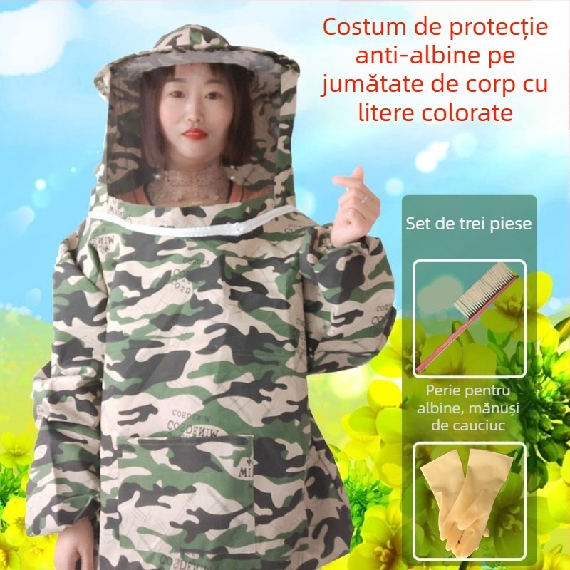 Set complet de protecție pentru apicultură, costum respirabil, jachetă camuflată pentru jumătate de corp, pălărie de apicultor și unelte de apicultură