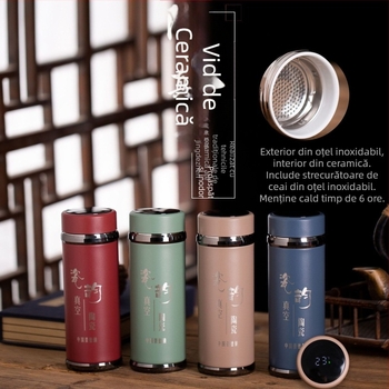 Cană termos cu interior ceramic și exterior din oțel inoxidabil, izolație vid cu funcție inteligentă, pentru mașină și casă, afișaj temperatură, infuzor de ceai, personalizabil, cadou de afaceri