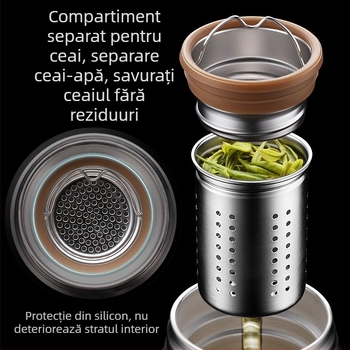Ceașcă izolantă de înaltă calitate cu inserție ceramică și separare ceai-apă, oțel inoxidabil 316, cadou de afaceri