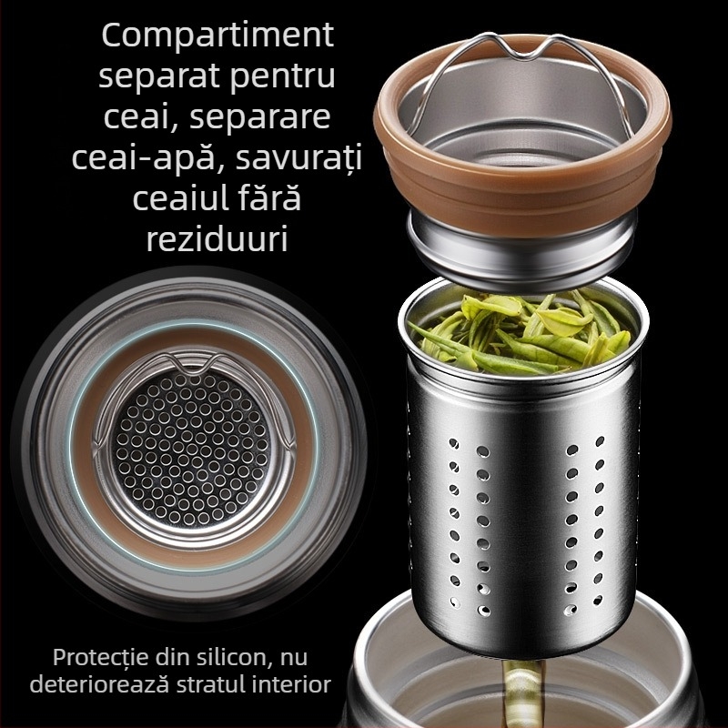 Ceașcă izolantă de înaltă calitate cu inserție ceramică și separare ceai-apă, oțel inoxidabil 316, cadou de afaceri