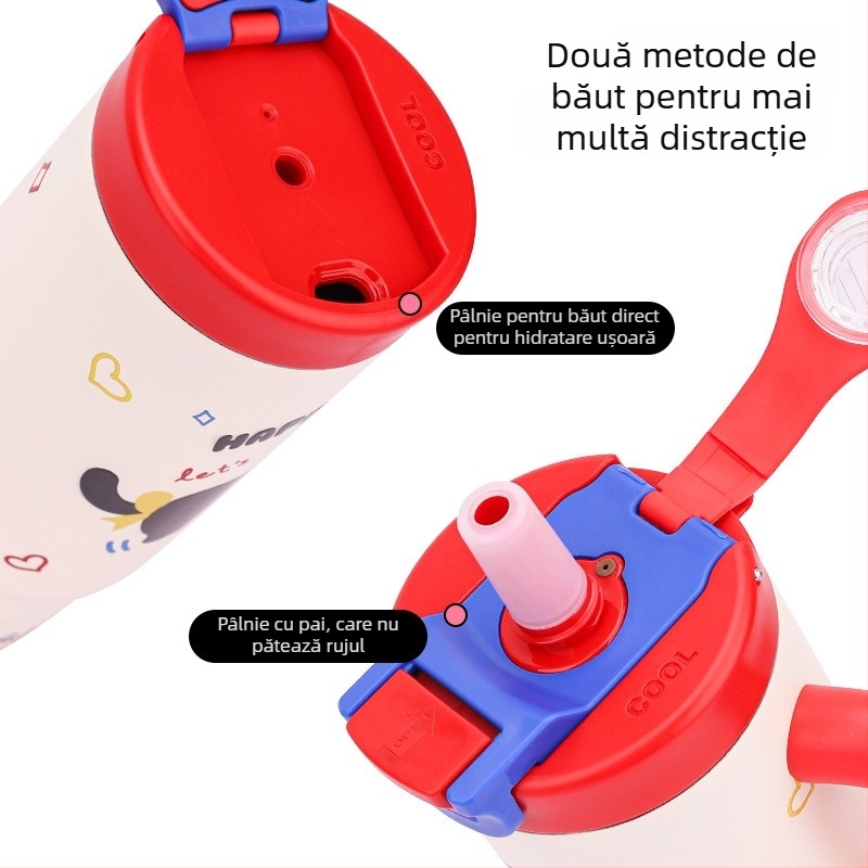 Cană termoizolantă din oțel inoxidabil 316, capacitate mare, cană portabilă cu pai în design desen animat