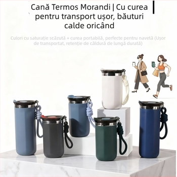 Ceșcă de cafea din oțel inoxidabil cu curea, izolată, design drept, stil modern, portabil pentru sport