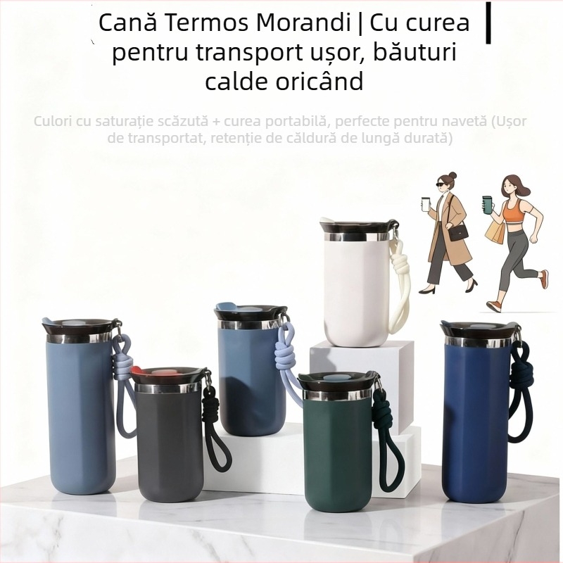 Ceșcă de cafea din oțel inoxidabil cu curea, izolată, design drept, stil modern, portabil pentru sport