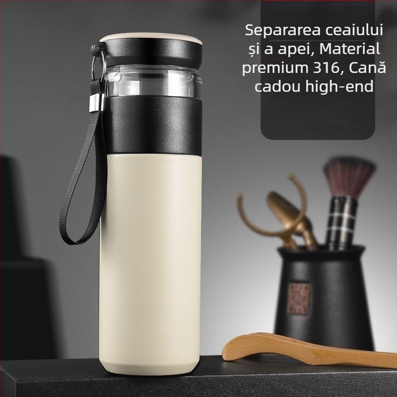 Termos de ceai cu compartiment de separare, izolație, interior din oțel inoxidabil 316, exterior din oțel inoxidabil 201, cutie cadou