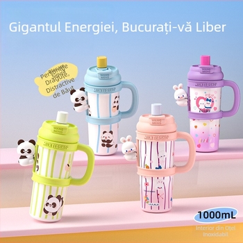 Cupă termoizolantă din oțel inoxidabil 316, design desen animat, capacitate mare, portabilă, cu paiuri duble