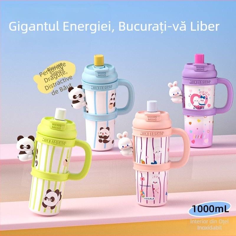 Cupă termoizolantă din oțel inoxidabil 316, design desen animat, capacitate mare, portabilă, cu paiuri duble